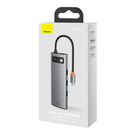      Hub 8w1 Baseus Metal Gleam Series, USB-C do 3x USB 3.0 + HDMI + USB-C PD + Ethernet RJ45 + microSD/SD    