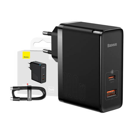 
     Ładowarka sieciowa Baseus GaN5 Pro, USB-C + USB, 100W + kabel (czarna)
    