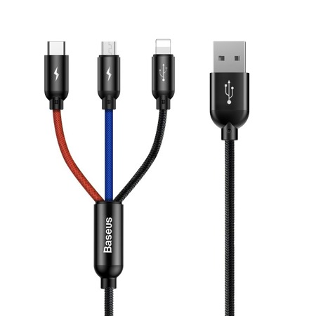 Kabel USB Baseus 3w1 USB-C / Lightning / Micro 3,5A 0,3m (czarny)