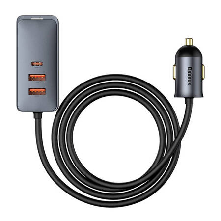 Ładowarka samochodowa Baseus Share Together z przedłużaczem, 2x USB, 2x USB-C, 120W (szara)