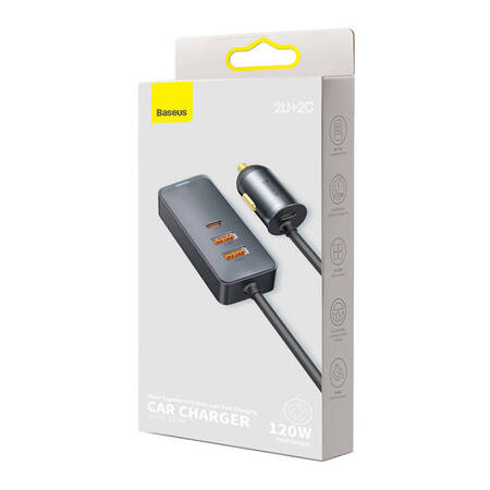 Ładowarka samochodowa Baseus Share Together z przedłużaczem, 2x USB, 2x USB-C, 120W (szara)