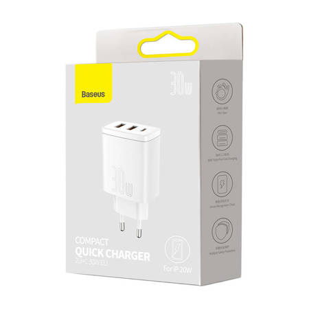 Ładowarka sieciowa Baseus Compact Quick Charger, 2xUSB, USB-C, PD, 3A, 30W (biała)